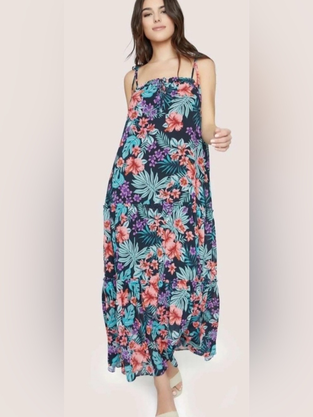 Floral Tie-Shoulder Maxi Dress in Black with Coral and Teal, size XS